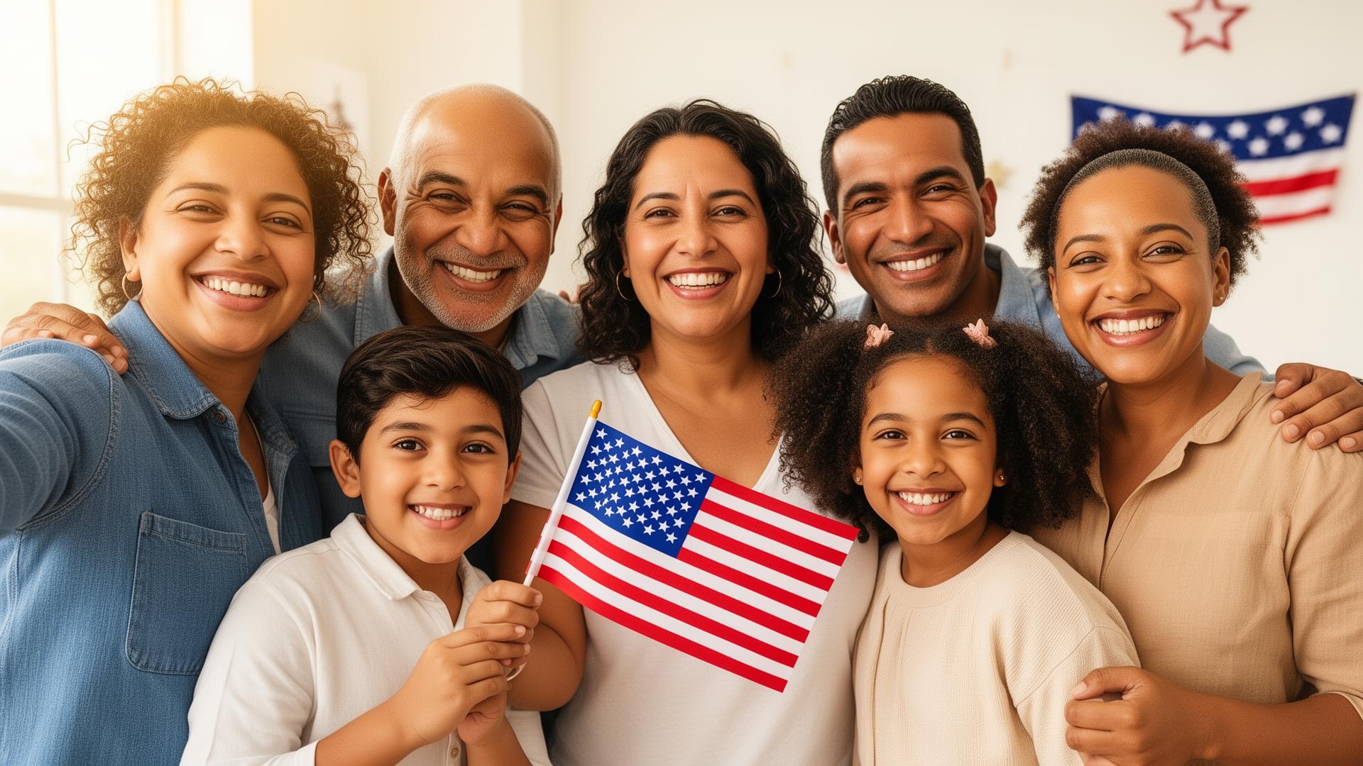 Familia hispana celebrando tras obtener la ciudadanía